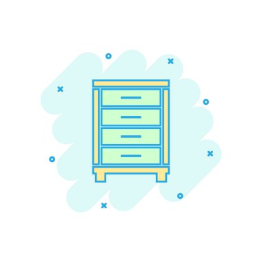 Çizgi roman tarzı çizgi film renkli dolap simgesi. Mobilya illüstrasyon piktogram. Kabine işareti sıçrama iş kavramı.