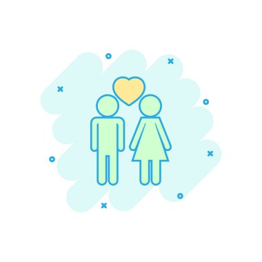 Çizgi film, çizgi roman tarzında erkek ve kadın kalp simgesi ile renkli. İnsanlar illüstrasyon piktogram seviyorum. İlişkiler işareti sıçrama iş kavramı.