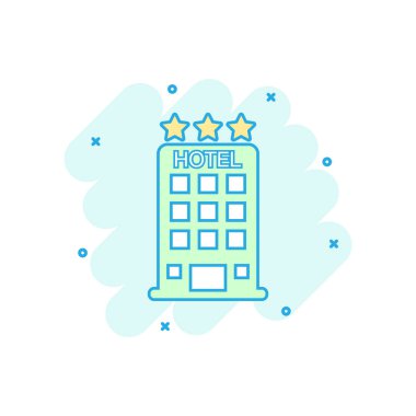 Çizgi film renkli hotel Icon çizgi roman tarzı. Motel dinlenme illüstrasyon piktogram. Otel işareti iş kavramı sıçrama.