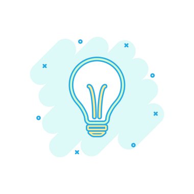 Çizgi film renkli halojen ampul simgesi çizgi roman tarzı. Ampul illüstrasyon piktogram. Fikir işareti iş kavramı sıçrama.