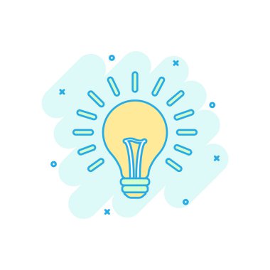 Çizgi film renkli halojen ampul simgesi çizgi roman tarzı. Ampul illüstrasyon piktogram. Fikir işareti iş kavramı sıçrama.