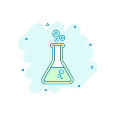 Çizgi roman tarzı çizgi film renkli kimyasal test tüpü simgesi. Laboratuvar cam ürünleri ya da kabı ekipman illüstrasyon piktogram. Deneme şişe sıçrama iş kavramı imzalamak.