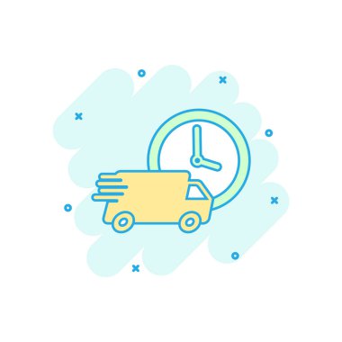 Çizgi film renkli teslimat kamyonu 24h simgesi çizgi roman tarzı. 24 saat teslimat hizmeti nakliye illüstrasyon piktogram hızlı. Araba işareti iş kavramı sıçrama.