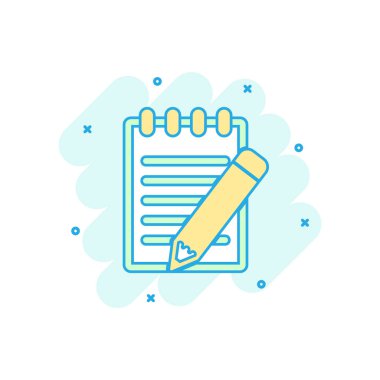 Renkli kurşun kalem simgesini çizgi roman tarzı belgeyle karikatür. Not çizim piktogram. Defter işareti iş kavramı sıçrama.