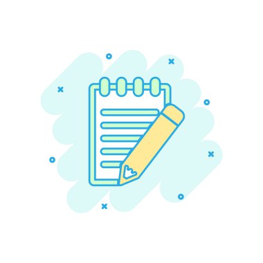 Renkli kurşun kalem simgesini çizgi roman tarzı belgeyle karikatür. Not çizim piktogram. Defter işareti iş kavramı sıçrama.