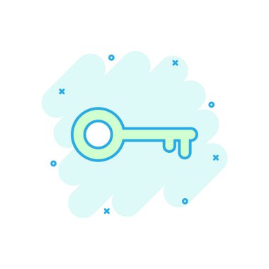 Çizgi film çizgi roman tarzı renkli anahtar simgesi. Resimde piktogram kilidini. Anahtar işareti sıçrama iş kavramı.