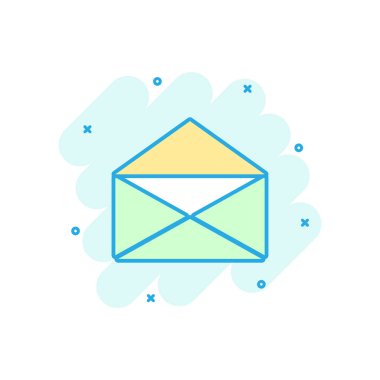 Çizgi film renkli posta zarf simgesi çizgi roman tarzı. Zarf resimde piktogram. Posta işareti sıçrama iş kavramı.