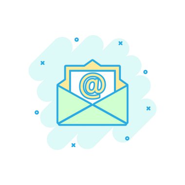 Çizgi film renkli posta zarf simgesi çizgi roman tarzı. Zarf resimde piktogram. Posta işareti sıçrama iş kavramı.