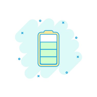 Çizgi roman tarzı çizgi film renkli pil simgesi. Pil güç illüstrasyon piktogram. Akümülatör işareti iş kavramı sıçrama.