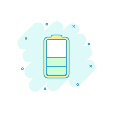 Çizgi roman tarzı çizgi film renkli pil simgesi. Pil güç illüstrasyon piktogram. Akümülatör işareti iş kavramı sıçrama.