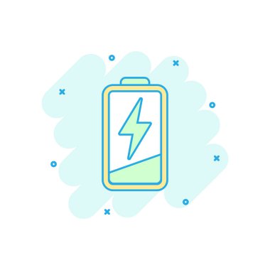 Çizgi roman tarzı çizgi film renkli pil simgesi. Pil güç illüstrasyon piktogram. Akümülatör işareti iş kavramı sıçrama.