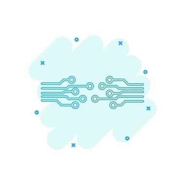 Çizgi roman tarzı çizgi film renkli devre kartı simgesi. Teknoloji düzeni illüstrasyon piktogram. Mikroçip işareti iş kavramı sıçrama.