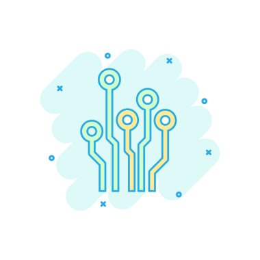 Çizgi roman tarzı çizgi film renkli devre kartı simgesi. Teknoloji düzeni illüstrasyon piktogram. Mikroçip işareti iş kavramı sıçrama.