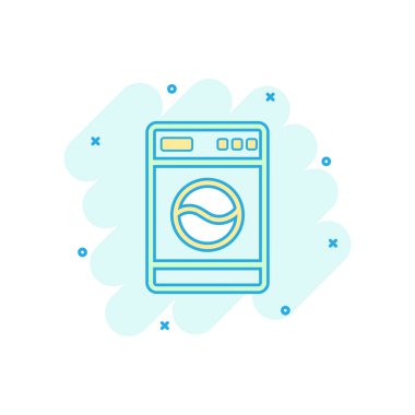 Vektör karikatür yıkama ikonu çizgi roman tarzında. Çamaşır tabelası resimli resim. Çamaşır makinesi iş sıçrama etkisi konsepti.