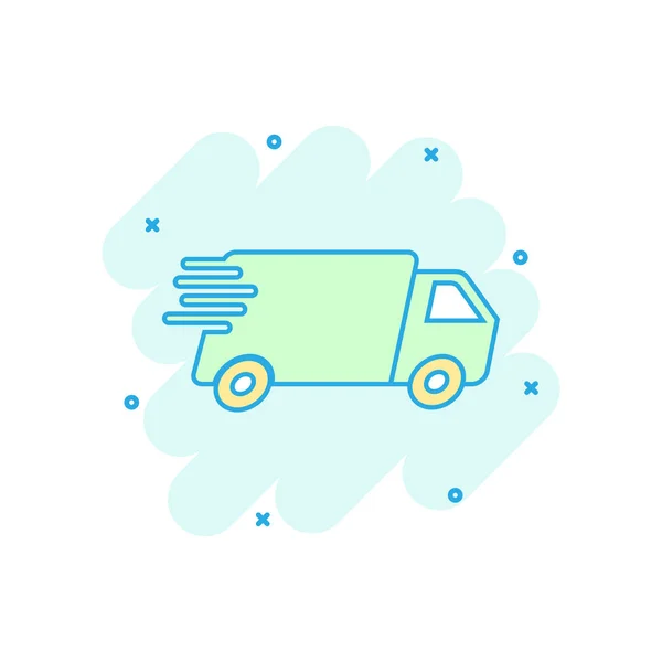 Cartoon colored truck, car icon in comic style. Fast delivery service shipping illustration pictogram. Car sign splash business concept.