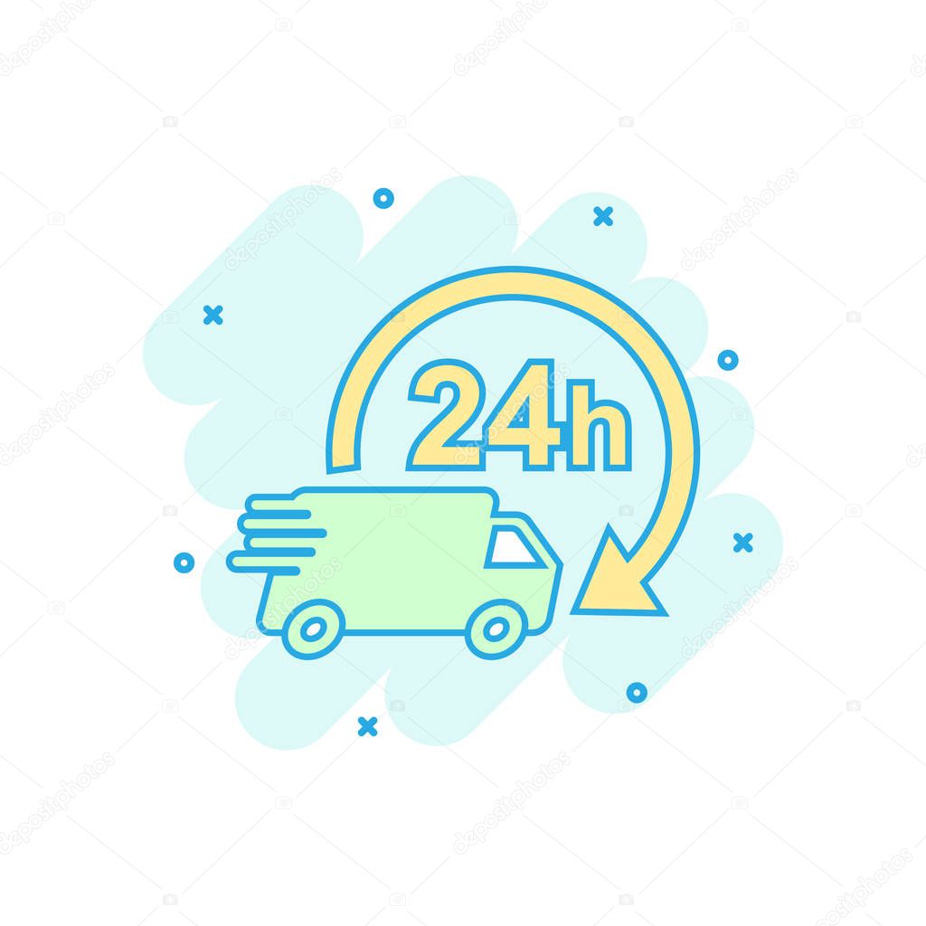Cartoon colored delivery truck 24h icon in comic style. 24 hours fast delivery service shipping illustration pictogram. Car sign splash business concept.