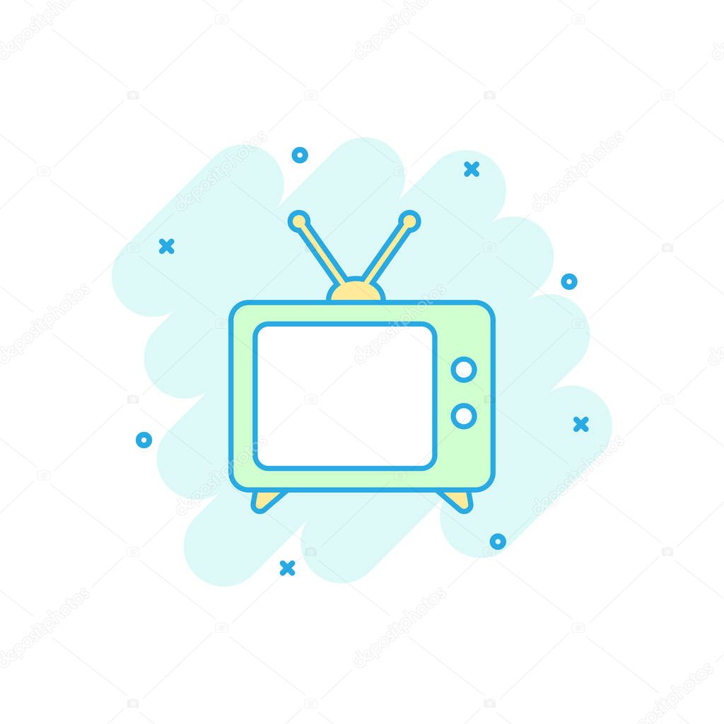 Cartoon colored tv icon in comic style. Television illustration pictogram. Tv sign splash business concept.