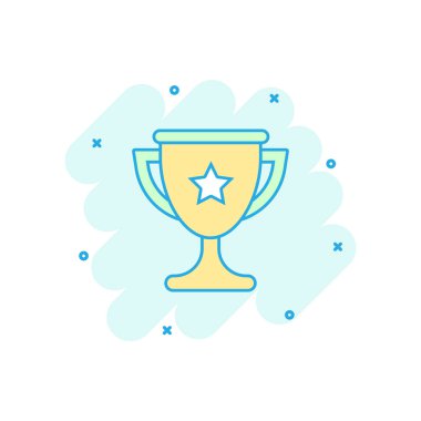 Vektör karikatür kupası ikonu, komik bir şekilde. Kazanan resimli resim çizimi. Ödül işi sıçrama etkisi konsepti.