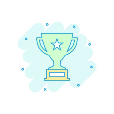 Vektör karikatür kupası ikonu, komik bir şekilde. Kazanan resimli resim çizimi. Ödül işi sıçrama etkisi konsepti.