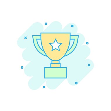 Vektör karikatür kupası ikonu, komik bir şekilde. Kazanan resimli resim çizimi. Ödül işi sıçrama etkisi konsepti.