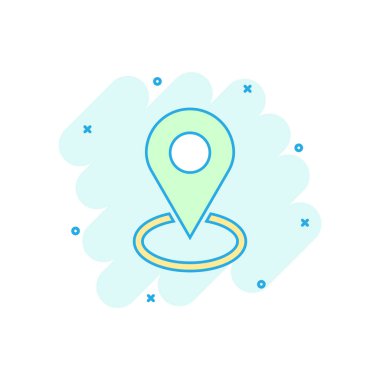 Çizgi roman tarzında vektör karikatür konum simgesi. Navigasyon haritası, GPS, resimli resim işareti. İğne işi sıçrama etkisi konsepti.