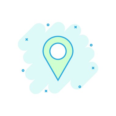 Çizgi roman tarzında vektör karikatür konum simgesi. Navigasyon haritası, GPS, resimli resim işareti. İğne işi sıçrama etkisi konsepti.