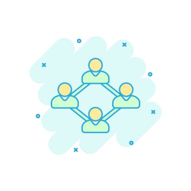 Çizgi roman tarzında vektör karikatür sosyal ağ simgesi. Halkın bağlantıları resimli resim imzaladı. Ağ işi sıçrama etkisi konsepti.