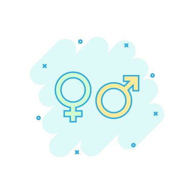 Çizgi roman gibi vektör cinsiyet simgesi. Erkekler ve kadınlar resimli resim imzalarlar. Seks işi sıçrama etkisi konsepti.