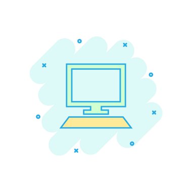 Çizgi roman tarzında vektör çizgi film simgesi. Monitör resimli resim imzası. Bilgisayar işi sıçrama etkisi konsepti.