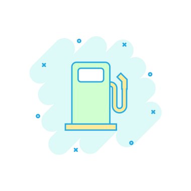 Vektör karikatür benzin istasyonu ikonu komik bir şekilde. Benzin pompası tabelası resimli resim. Yakıt işi sıçrama etkisi konsepti.