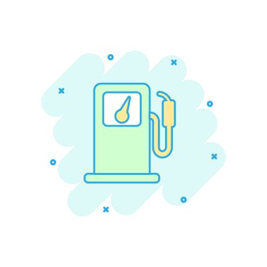 Vektör karikatür benzin istasyonu ikonu komik bir şekilde. Benzin pompası tabelası resimli resim. Yakıt işi sıçrama etkisi konsepti.