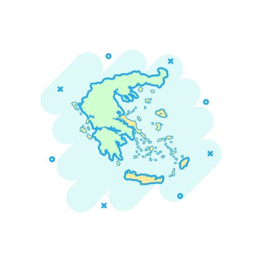 Vektör karikatür Yunanistan harita simgesini çizgi roman tarzı. Yunanistan işareti illüstrasyon piktogram. Haritacılık harita iş sıçrama etkisi kavramı.