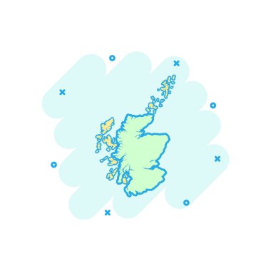 Vektör karikatür İskoçya harita simgesini çizgi roman tarzı. İskoçya işareti illüstrasyon piktogram. Haritacılık harita iş sıçrama etkisi kavramı.