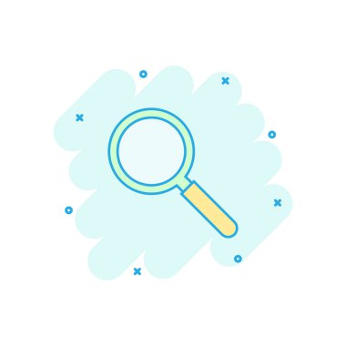 Vektör karikatür simgesi, komik bir şekilde. Büyüteç işareti resimleme grafiği. Arama işi sıçrama etkisi konsepti.