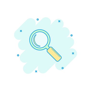 Vektör karikatür simgesi, komik bir şekilde. Büyüteç işareti resimleme grafiği. Arama işi sıçrama etkisi konsepti.