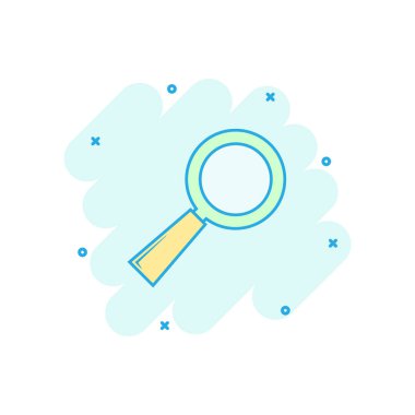 Vektör karikatür simgesi, komik bir şekilde. Büyüteç işareti resimleme grafiği. Arama işi sıçrama etkisi konsepti.