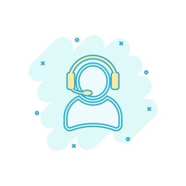 Çizgi roman tarzında mikrofon ikonu olan vektör karikatür operatörü. Çağrı merkezindeki resim çizim operatörü. İnsanlar iş dünyasının sıçrama etkisi kavramını.