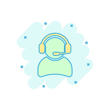 Çizgi roman tarzında mikrofon ikonu olan vektör karikatür operatörü. Çağrı merkezindeki resim çizim operatörü. İnsanlar iş dünyasının sıçrama etkisi kavramını.