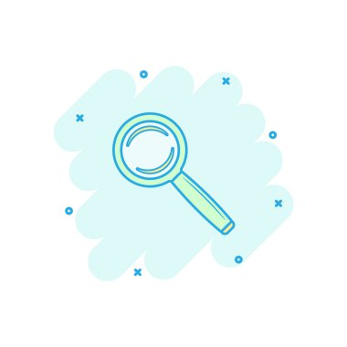 Vektör karikatür simgesi, komik bir şekilde. Büyüteç işareti resimleme grafiği. Arama işi sıçrama etkisi konsepti.