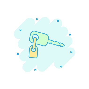 Çizgi roman tarzında vektör çizgi film anahtar simgesi. Gizli anahtar kelime işareti resimli resim. Anahtar iş sıçrama etkisi konsepti.