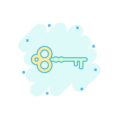 Çizgi roman tarzında vektör çizgi film anahtar simgesi. Gizli anahtar kelime işareti resimli resim. Anahtar iş sıçrama etkisi konsepti.