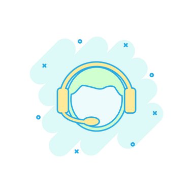 Çizgi roman tarzında mikrofon ikonu olan vektör karikatür operatörü. Çağrı merkezindeki resim çizim operatörü. İnsanlar iş dünyasının sıçrama etkisi kavramını.