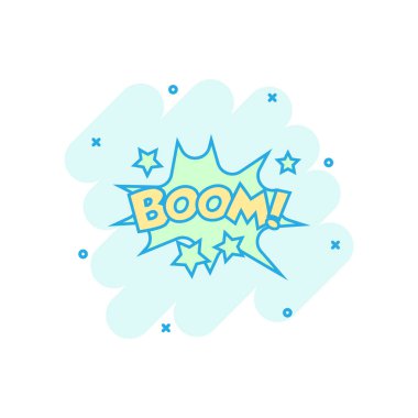 Vektör çizgi film bum çizgi roman ses efekti simgesi. Ses balonu konuşma işareti resimli çizim. Patlama işi sıçrama etkisi konsepti.