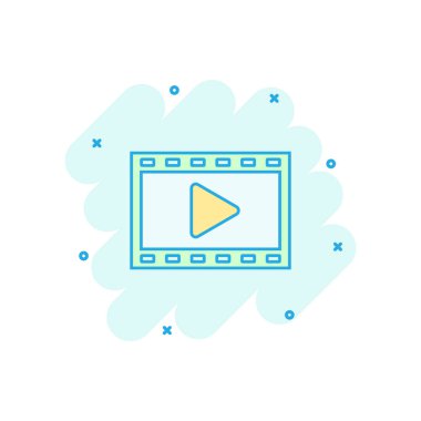 Çizgi roman tarzında vektör çizgi film çalma düğmesi simgesi. Video işareti resimli resim oynat. Medya paneli iş sıçrama etkisi konsepti.