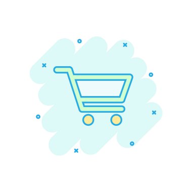 Vector çizgi film alışveriş arabası ikonu, komik tarzda. Alışveriş poşeti resimli resim tabelası. Alışveriş merkezi sıçrama etkisi konsepti.