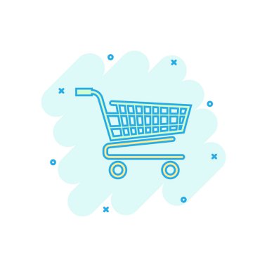 Vector çizgi film alışveriş arabası ikonu, komik tarzda. Alışveriş poşeti resimli resim tabelası. Alışveriş merkezi sıçrama etkisi konsepti.