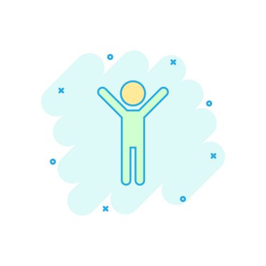 Vektör çizgi filmi, elleri havada, çizgi roman tarzında mutlu bir adam. İnsanlar resimli tabela imzalamaktan mutlu. Erkek işi sıçrama etkisi konsepti.