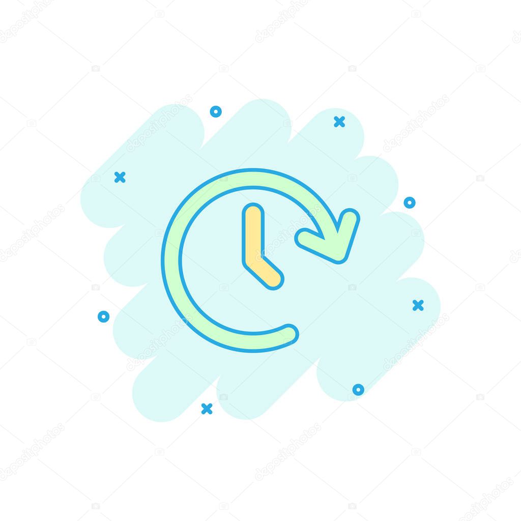 Vector cartoon clock time icon in comic style. Timer 24 hours sign illustration pictogram. Clockwise business splash effect concept.