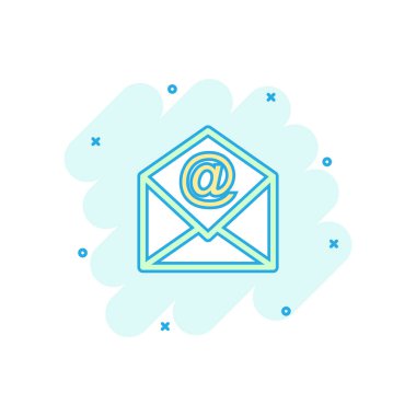 Çizgi roman biçiminde vektör karikatür posta zarfı simgesi. E- posta imzalı resimli resim. Posta işi sıçrama etkisi konsepti.