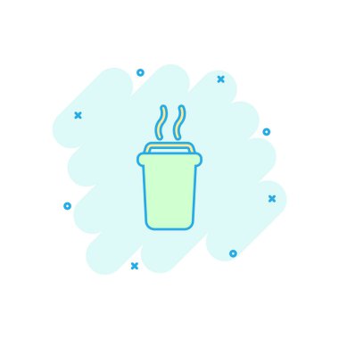 Vektör çizgi film kahve fincanı ikonu, komik tarzda. Çay fincanı resimli resim tabelası. Kahve işi sıçrama etkisi konsepti.